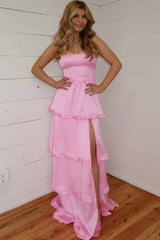 Pink A-Line Straps Scoop Layered Chiffon Sleeveless Long Prom Dress