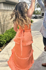 Pink A-Line Straps Scoop Layered Chiffon Sleeveless Long Prom Dress