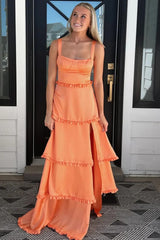 Pink A-Line Straps Scoop Layered Chiffon Sleeveless Long Prom Dress