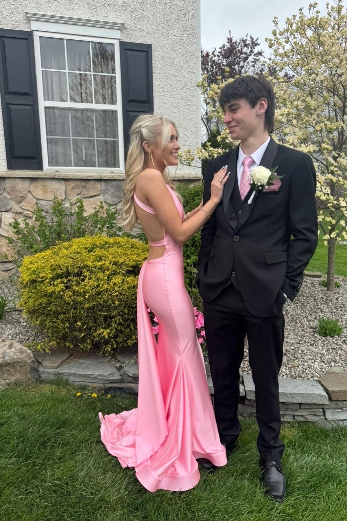 Pink Satin Mermaid Backless Long Prom Dress