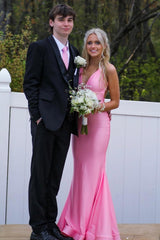 Pink Satin Mermaid Backless Long Prom Dress