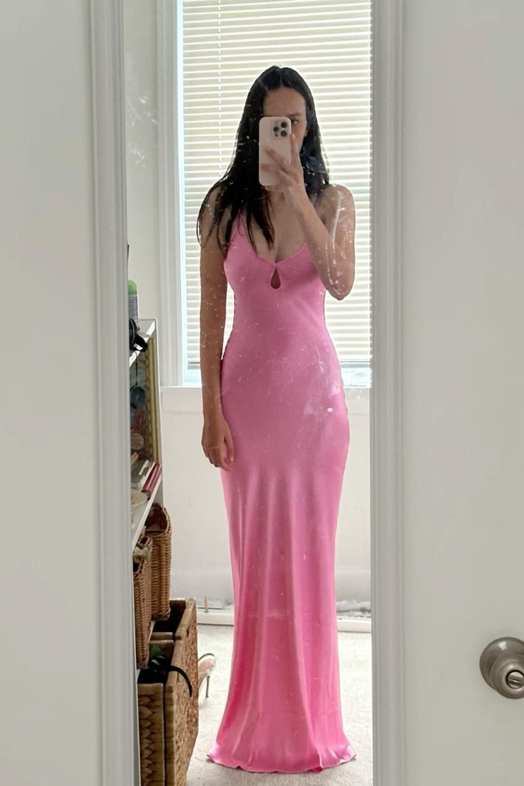 Pink Satin Spaghetti Straps Sheath Backless Long Prom Dress