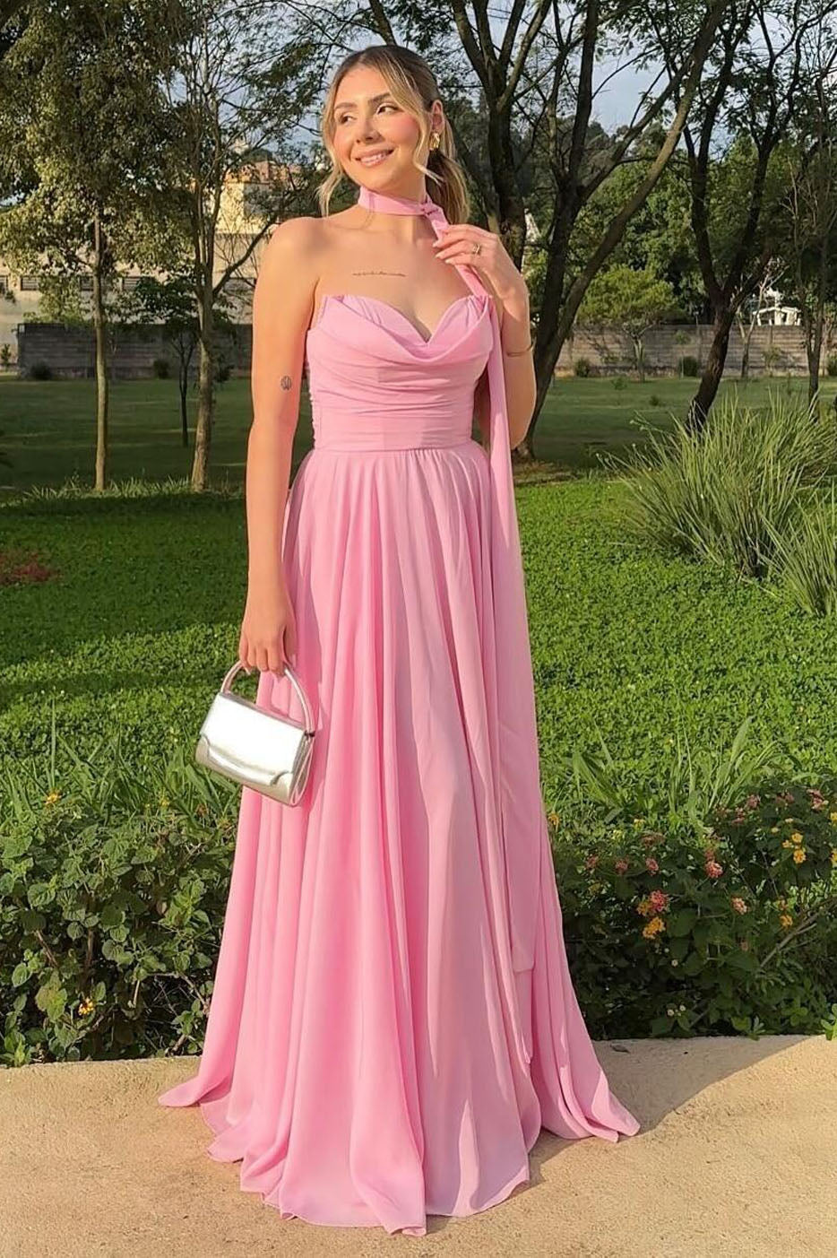 Pink Strapless Chiffon A-line Long Prom Dress