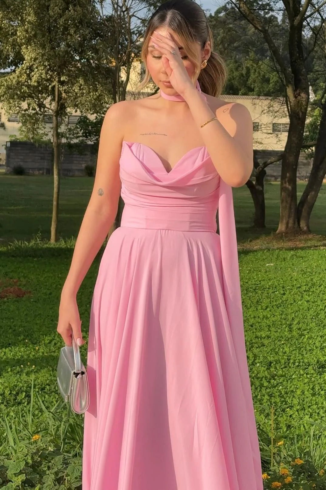 Pink Strapless Chiffon A-line Long Prom Dress