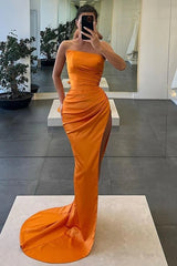 Pink Strapless Satin Mermaid Sleeveless Long Prom Dress with High Slit