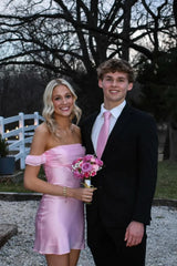Pink Decent Sheath Off-The-Shoulder Satin Homecoming Dress