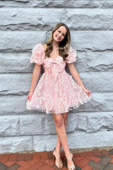 Pink Fabulous 3D Flowers A-Line Short Homecoming Dress with Short Sleeves
