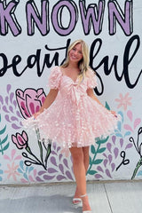 Pink Fabulous 3D Flowers A-Line Short Homecoming Dress with Short Sleeves