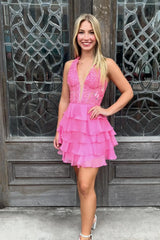 Pink Halter A-Line Chiffon Ruffle Short Homecoming Dress