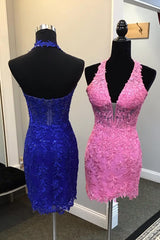 Pink Halter Mermaid Short Homecoming Dress with Appliques