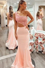 Pink Sequins One Shoulder Mermaid Side Cutout Long Prom Dress
