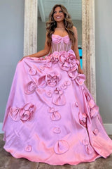 Spaghetti Straps 3D Flower Pink Sheer Corset Prom Dres