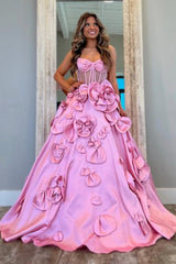 Spaghetti Straps 3D Flower Pink Sheer Corset A-Line Prom Dres