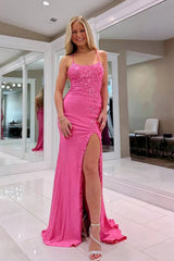 Pink Spaghetti Straps Sheath Long Prom Dress with Appliques