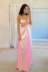 Pink Strapless Column Satin Cut Out Long Prom Dress