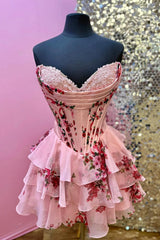 Pink Tiered A-Line Strapless Floral Short Homecoming Dress