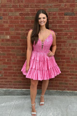 Pink V-Neck Sleeveless A-Line Short Cocktail Homecoming Dress
