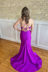 Purple Spaghetti Strap Ruched Mermaid Dress with Slit