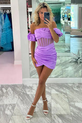 Purple Enchanting Strapless Mermaid Short Satin Homecoming Dress with Detachable Sleeves