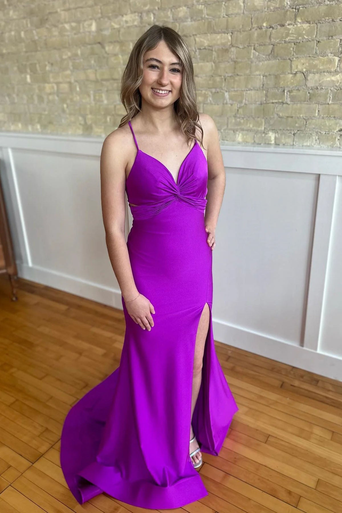 Purple Spaghetti Strap Ruched Mermaid Dress with Slit