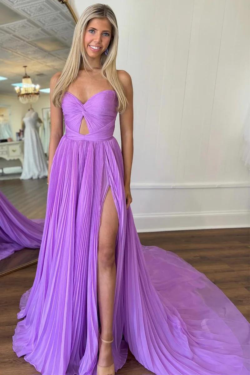 Yellow Sweetheart A-Line Pleated Long Prom Gown with Slit