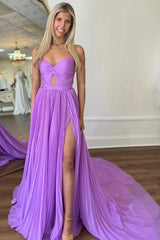 Yellow Sweetheart A-Line Pleated Long Prom Gown with Slit