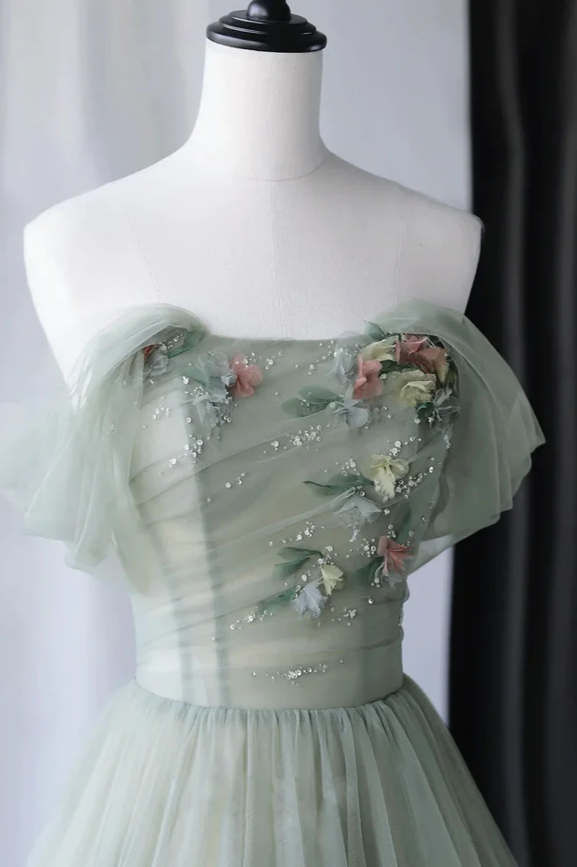 Ball Gown Off the Shoulder Embroidering Tulle Sage Green