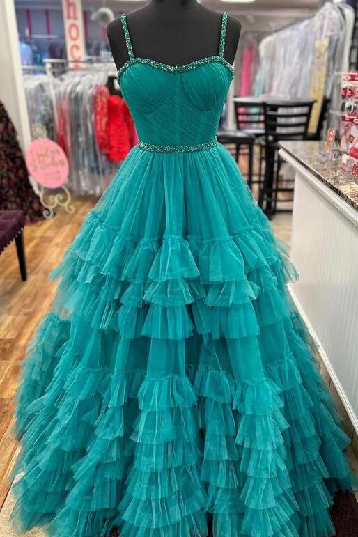 A Line Tulle Sweetheart Corset Tiered Ruffles Gown with Straps