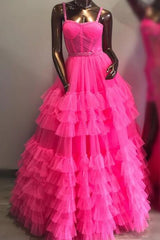 Hot Pink Tulle Sweetheart Corset A Line Tiered Ruffles Gown with Straps