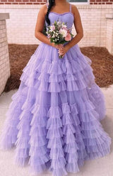 Tulle Sweetheart Corset A Line Tiered Ruffles Gown with Straps