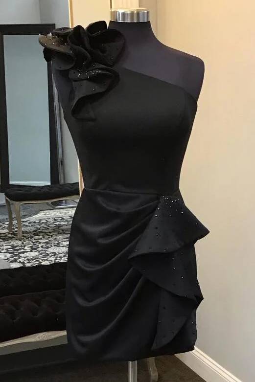 Black One Shoulder Pleat Short Homecoming Dress