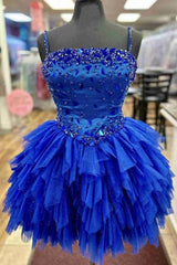 Beading A Line Straps Royal Blue Tiered Short Homecoming Dress