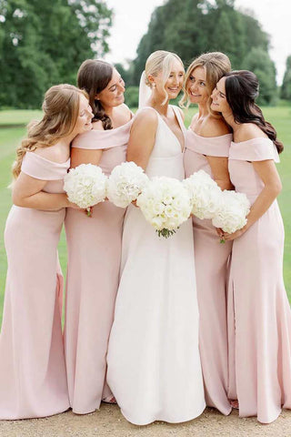 Simple Pink Off the Shoulder Sheath Bridesmaid Dress with Slit