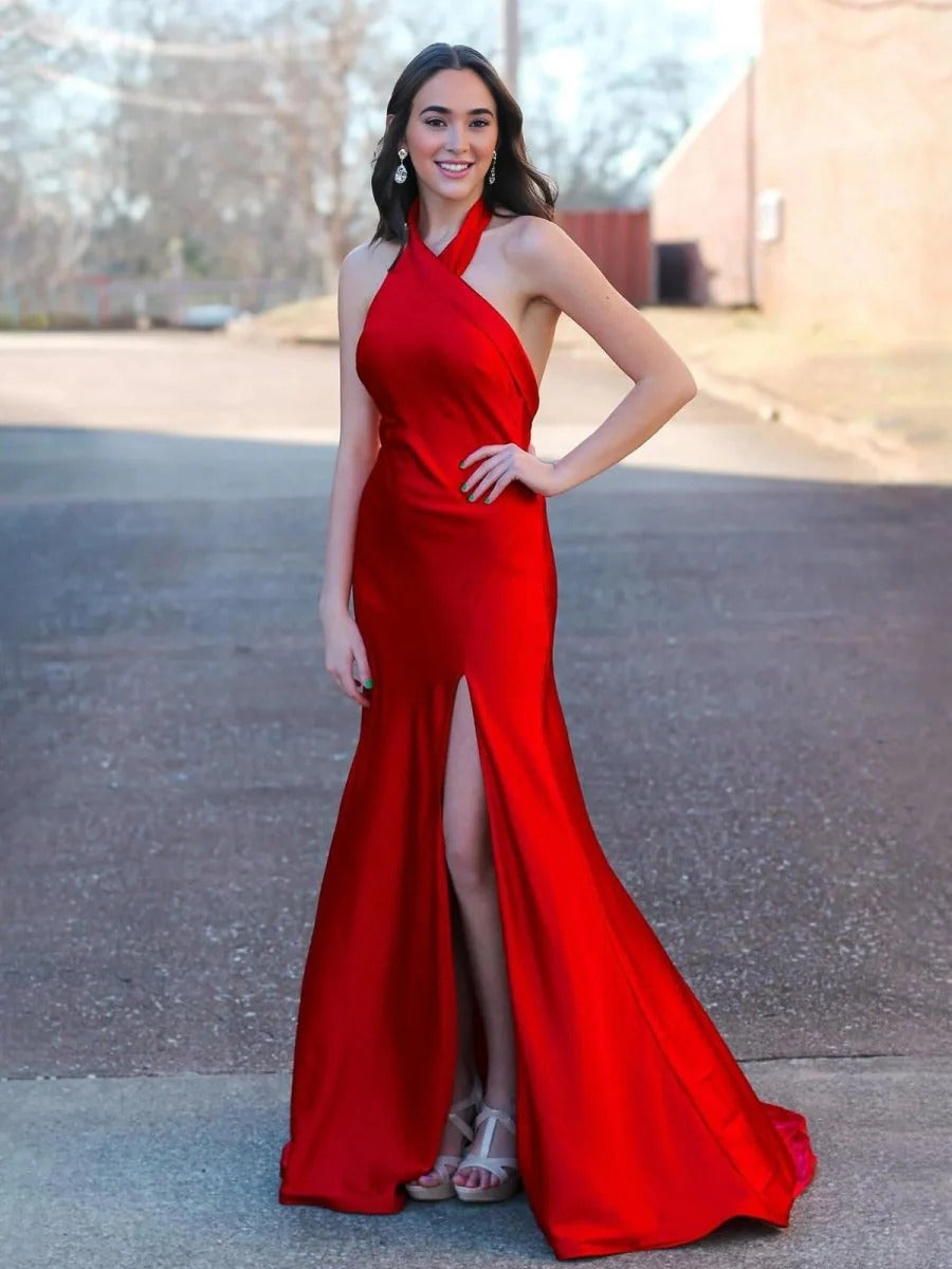 Red Mermaid Halter Satin Long Prom Dress With Slit