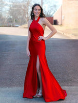 Red Mermaid Halter Satin Long Prom Dress With Slit