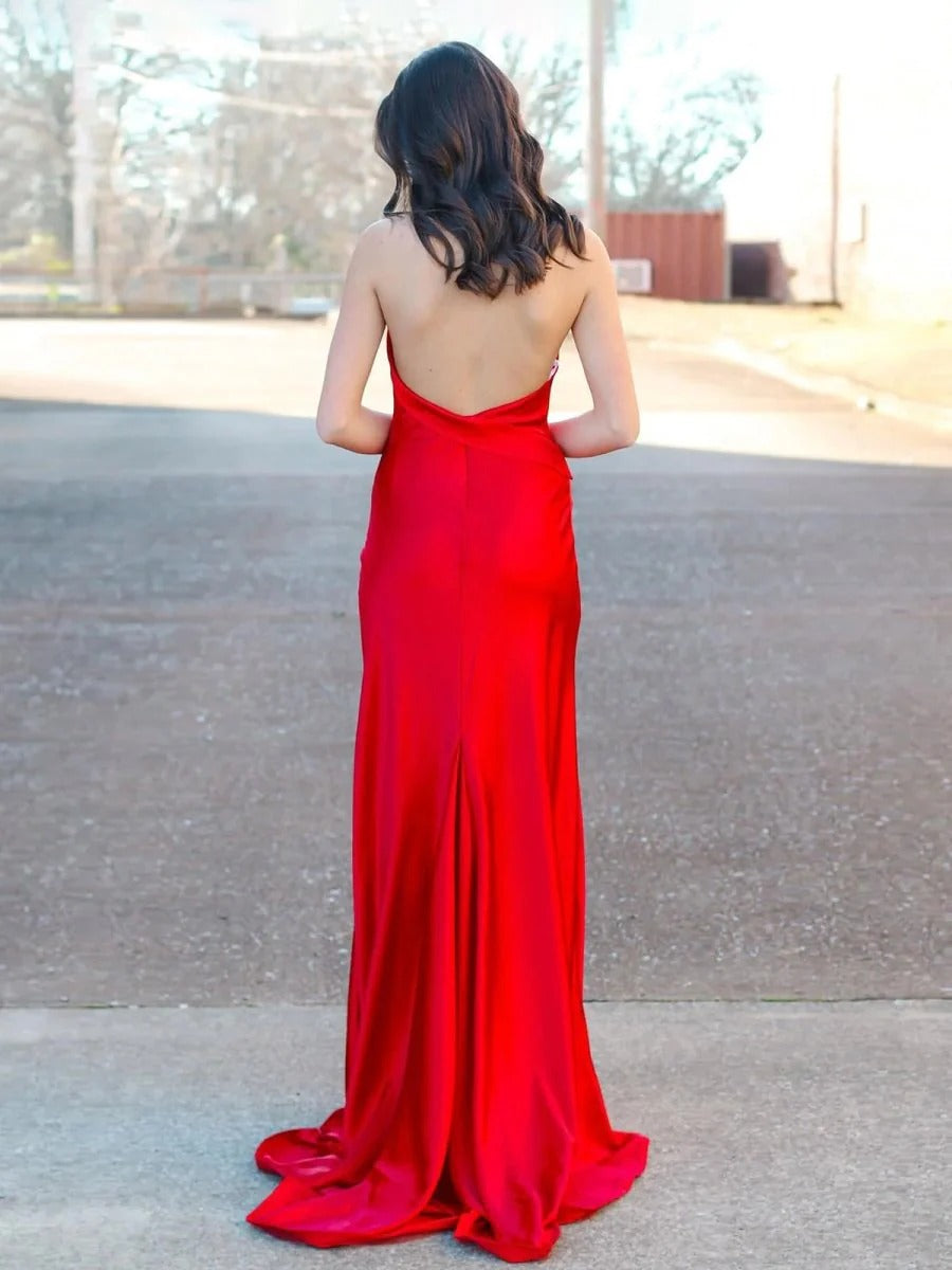 Red Mermaid Halter Satin Long Prom Dress With Slit