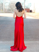 Red Mermaid Halter Satin Long Prom Dress With Slit