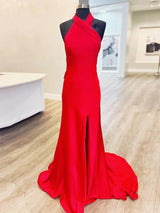 Red Mermaid Halter Satin Long Prom Dress With Slit