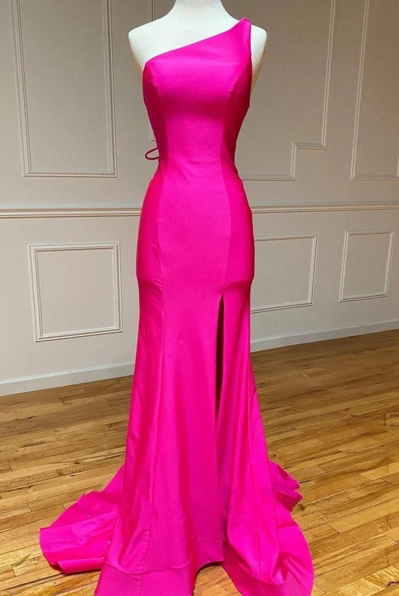 Red Mermaid Satin One Shoulder Long Prom Dress with Slit