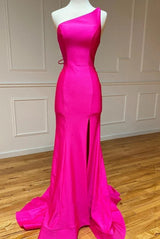 Red Mermaid Satin One Shoulder Long Prom Dress with Slit