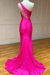 Red Mermaid Satin One Shoulder Long Prom Dress with Slit
