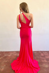 Red Mermaid Satin One Shoulder Long Prom Dress with Slit