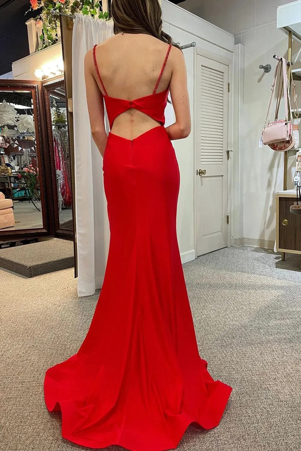 Red Mermaid Spaghetti Straps Satin Long Prom Dress