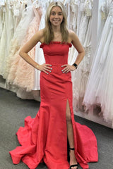 Red Satin Mermaid Strapless Long Prom Dress