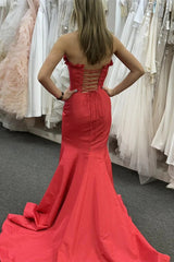 Red Satin Mermaid Strapless Long Prom Dress