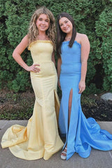 Red Satin Mermaid Strapless Long Prom Dress