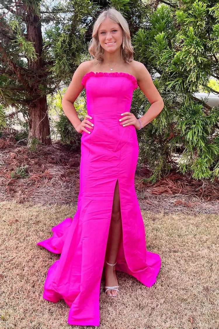 Red Satin Mermaid Strapless Long Prom Dress