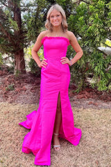 Red Satin Mermaid Strapless Long Prom Dress