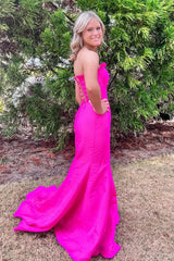 Red Satin Mermaid Strapless Long Prom Dress