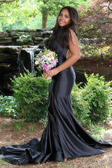 Red Spaghetti Straps Mermaid Satin Long Prom Dress with Slit